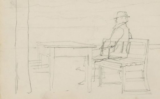 Man sitting on a bench with a view of water and mountains