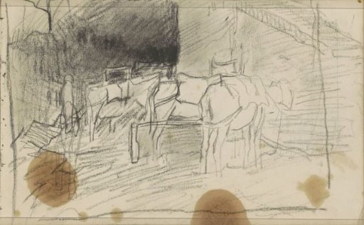 Saddled horses, probably in a stable