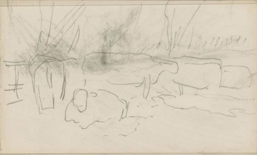 Reclining and standing cows in a landscape