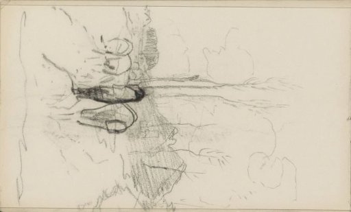 Figure and several animals, possibly cows, on a country road