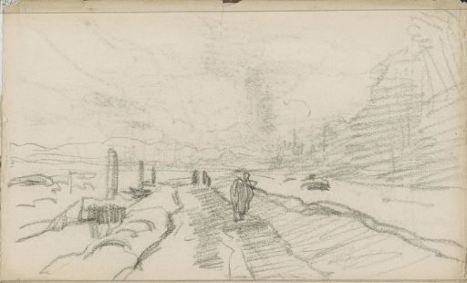 Horse and figures on a path along a canal