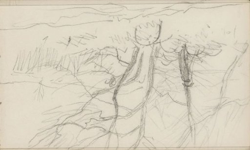 Shepherd with a flock of sheep near a group of trees