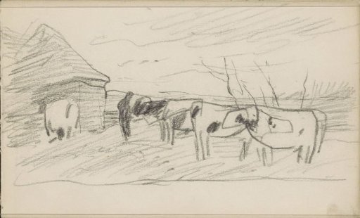 Meadow with cows near a house with a pointed roof