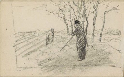 Standing man with a staff and an animal on a plowed field