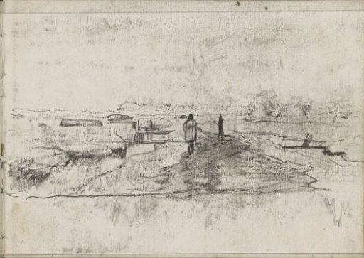 Two figures on a path by a canal