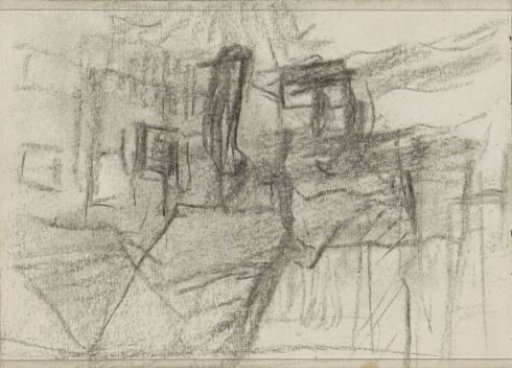 Two figures near huts in a wood