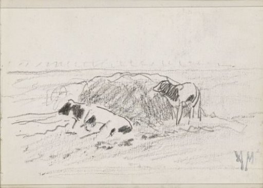 Two cows by a hay bale