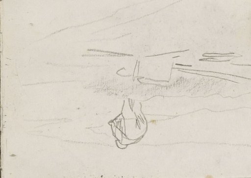 Crouching figure in a landscape