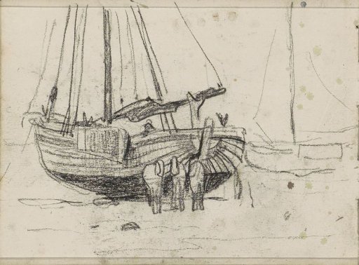Three Horses Beside a Barge on the Beach