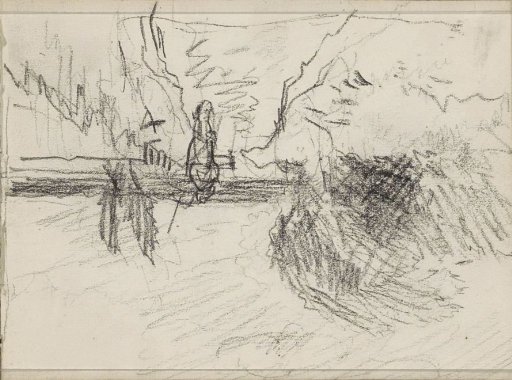 Figure on a Country Road Along Trees and Shrubs