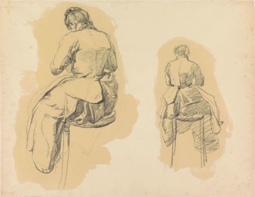 Two studies of a woman, seated on a stool, seen from behind