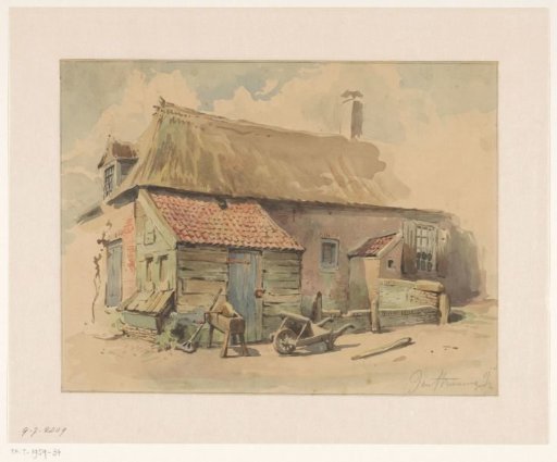 Farmhouse with wooden extension, in front of it a wheelbarrow and a grinding stone