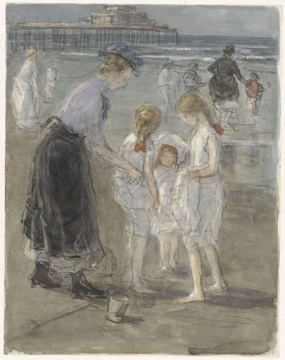 Nursemaid with three girls on the beach at Scheveningen