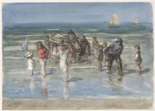 Fishing boat, surrounded by children, on the beach at Scheveningen