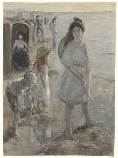 Standing girl and other children on the beach at Scheveningen
