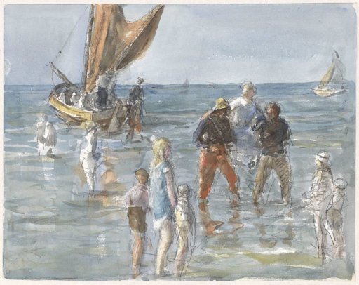 Lady carried from a boat to land by two fishermen