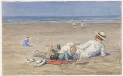 Resting nursemaid with two children on the beach