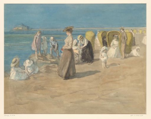 View Along the Tide Line at Scheveningen Beach, with Children and Adults