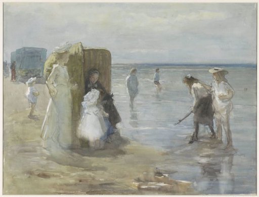 View Along the Tide Line at Scheveningen Beach, with Two Ladies and Children