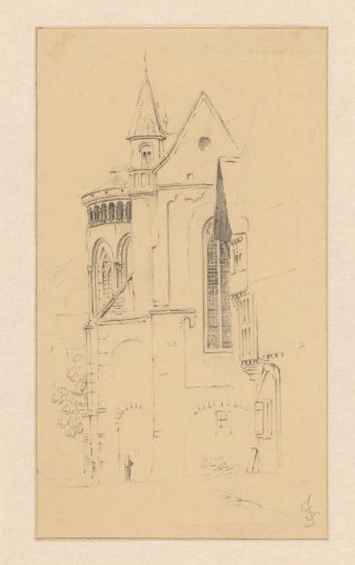 Sketch of a choir section with Gothic windows with a dwarf gallery above