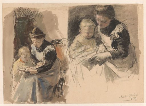 Two studies of a maid teaching a boy to read on her lap