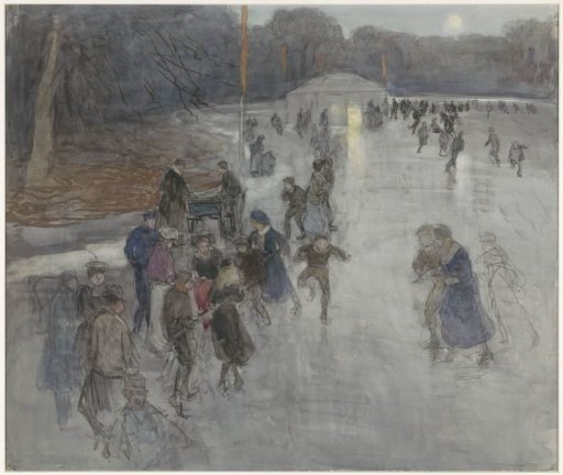 Ice skating by moonlight on a frozen pond in the Haagse Bosch