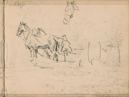 Harnessed horses and a horse's head