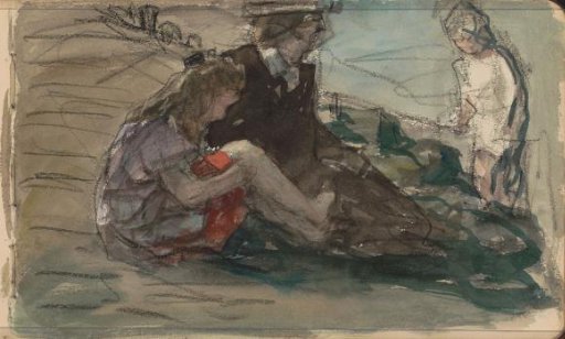 Woman with two children by the water