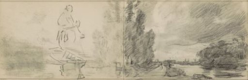 Figure study and a river landscape with a mill