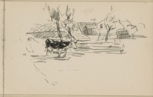 Landscape with buildings and a cow