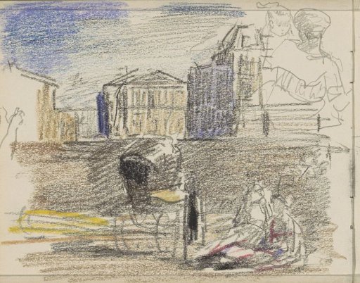 Seated figures with a baby carriage