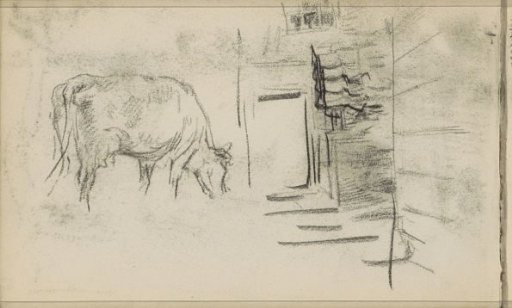 Cow and a building, possibly a stable