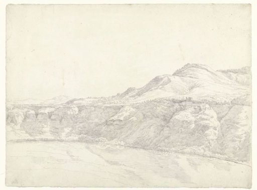 The high bank of a lake in the Italian Campagna, with a fortress-like building