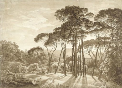 Forest landscape in the vicinity of Rome with setting sun