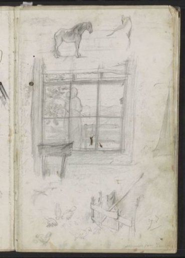 Horse, Chickens by a Fence, and a Woman Seen Through a Window