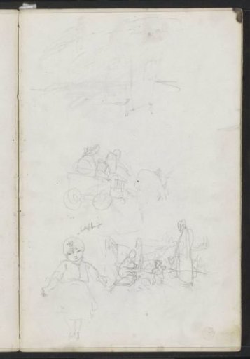 Girl with a buttercup on her cap and figures on a cart