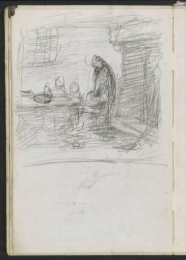 Figures at a table by a fireplace