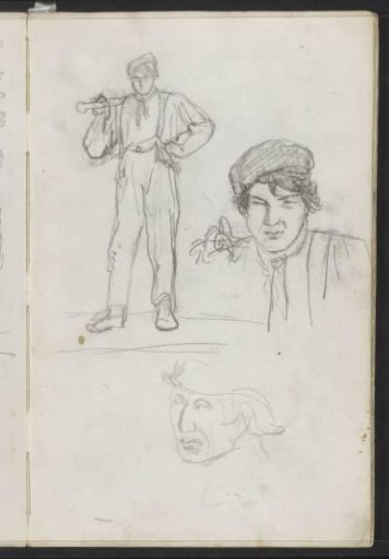 Figure studies, including a man with a tool on his shoulder