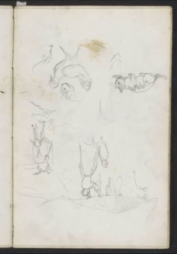 Woman drawing flax, chickens, a mouse, and a goat