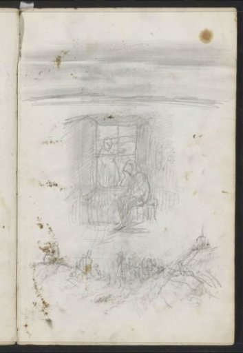 Seaview, figures on a dune top, and two figures at a window