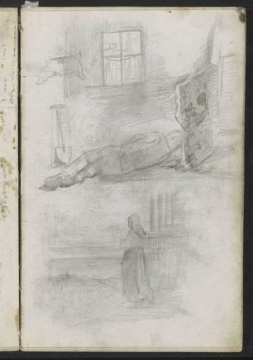 Lying man in an interior and a fisher girl by a dune