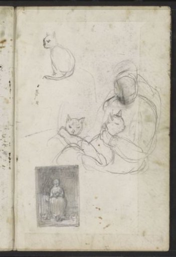 Cats, a woman doing needlework, and a figure with a cat on her lap