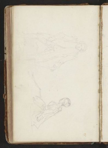 Seated woman on the ground and a standing man with a staff
