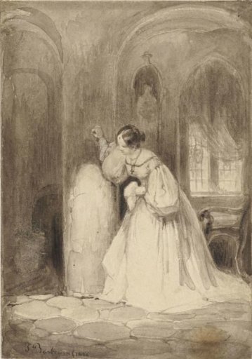 Figure study of a standing woman, her dress partially draped on a table