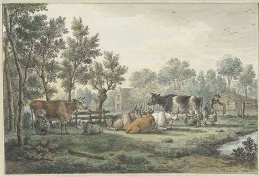 Meadow with cows being milked