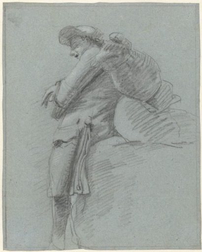 Standing man with a bundle on his back, leaning against a raised structure