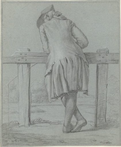 Standing gentleman, seen from the back, leaning over a fence