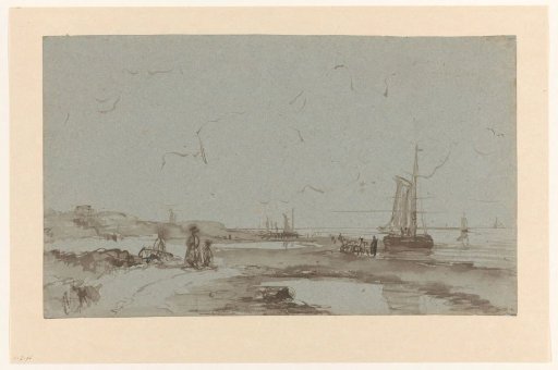Beach view with sailing ships and walkers