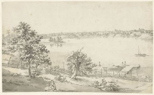 View of a wide body of water in the mountains with figures in the foreground