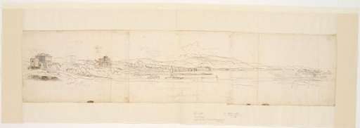 Panorama of the Bay and Cities of Anzio and Nettuno / Verso: Sketches of Anzio, a Fountain and a Boat